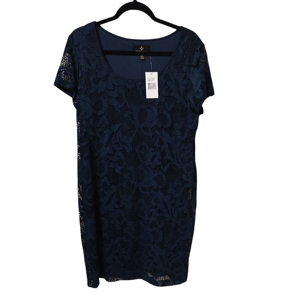 Ronni Nicole Navy Blue Lace Short Sleeve Lined Dress Womens Size PXL NEW
